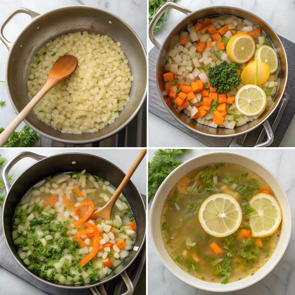 Leftover Turkey Orzo Soup process—sauté aromatics, add broth, cook orzo, finish with lemon