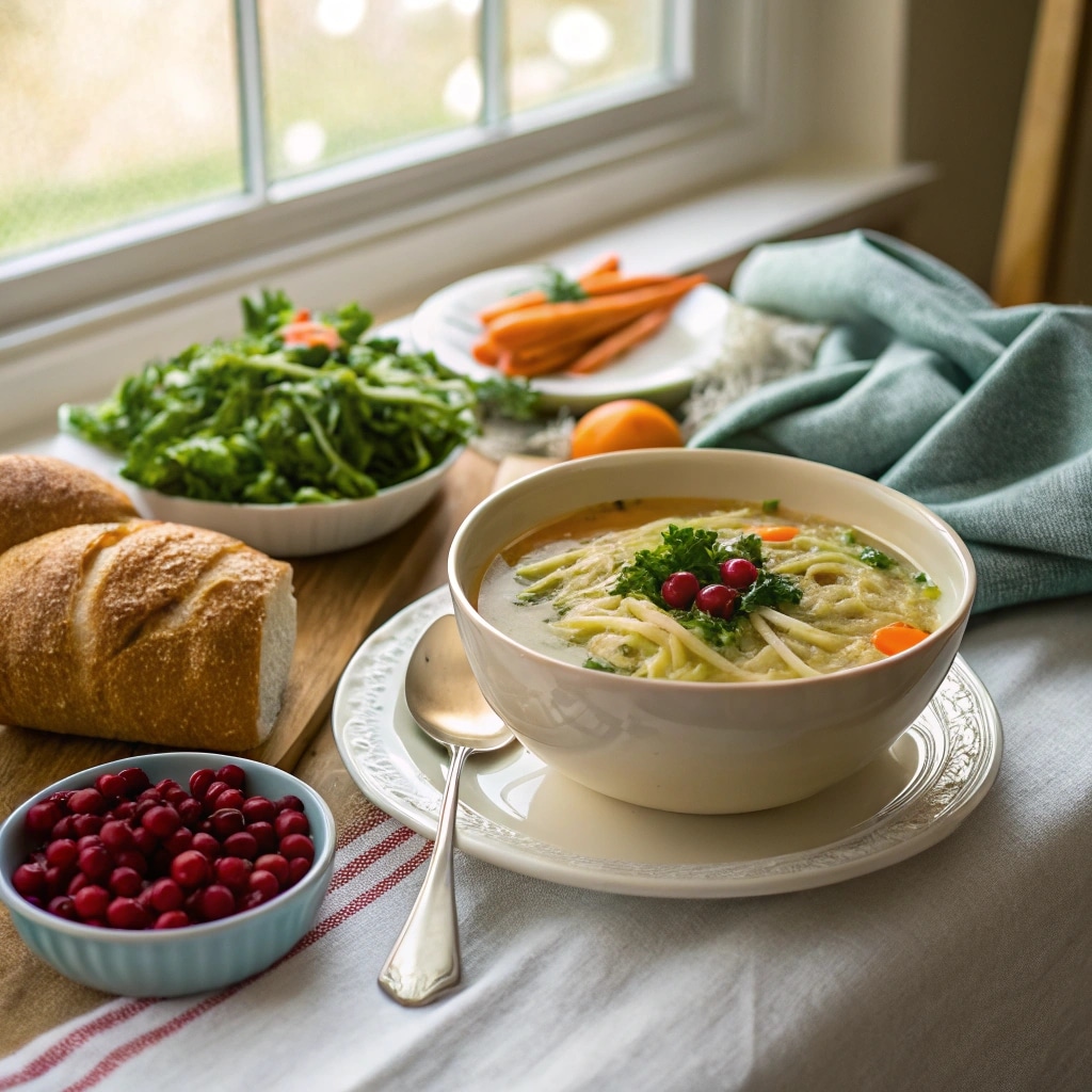 Leftover Turkey Orzo Soup served with salad, warm bread, and roasted carrots