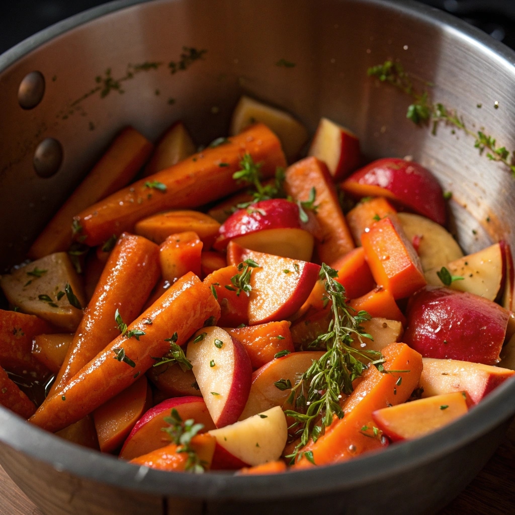 Carrots and apples coated in maple Dijon glaze