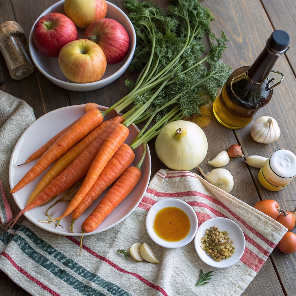 Fresh carrots, apples, and ingredients for maple Dijon glaze