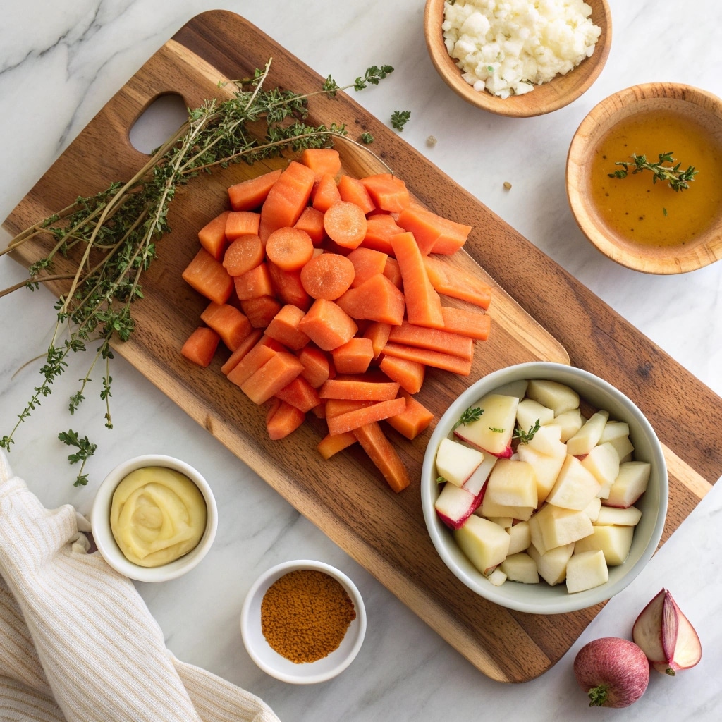 Sliced carrots, cubed apples, and diced onions prepared for roasting