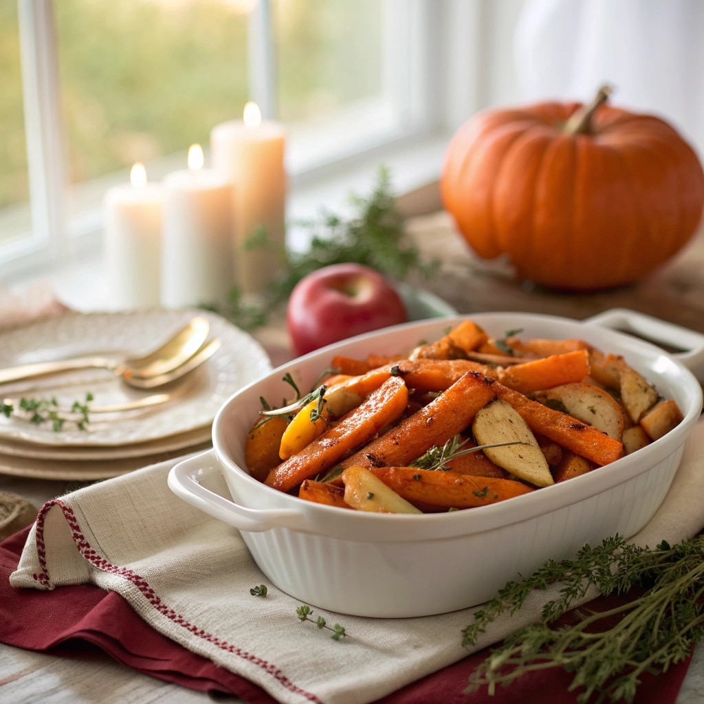Served Maple Dijon Roasted Carrots and Apples with thyme garnish