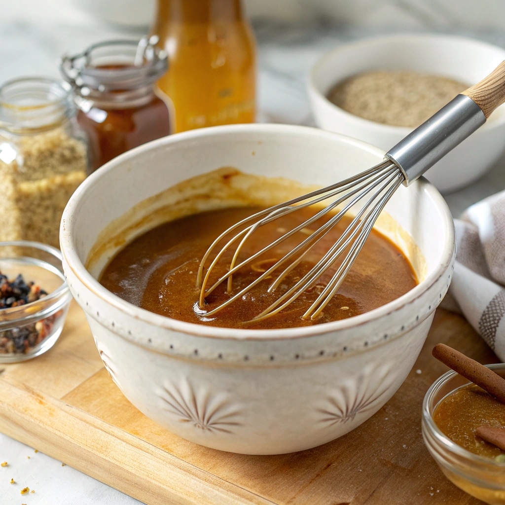 Maple syrup, Dijon mustard, and herbs being whisked in a mixing bowl