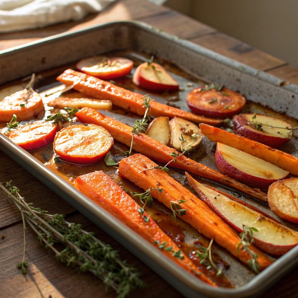 Maple Dijon Roasted Carrots and Apples caramelizing in oven