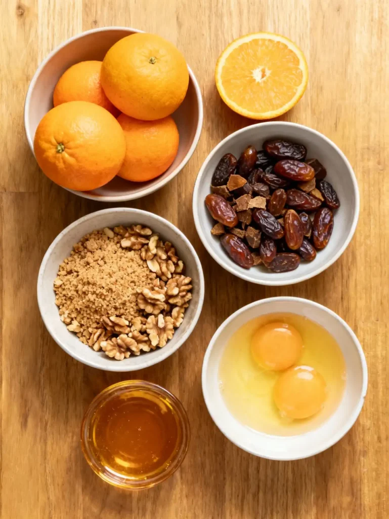 Ingredients for Orange-Date-Walnut Passover Cake on a table