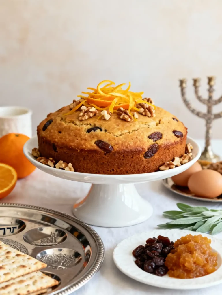 Orange-Date-Walnut Passover Cake on a Seder table