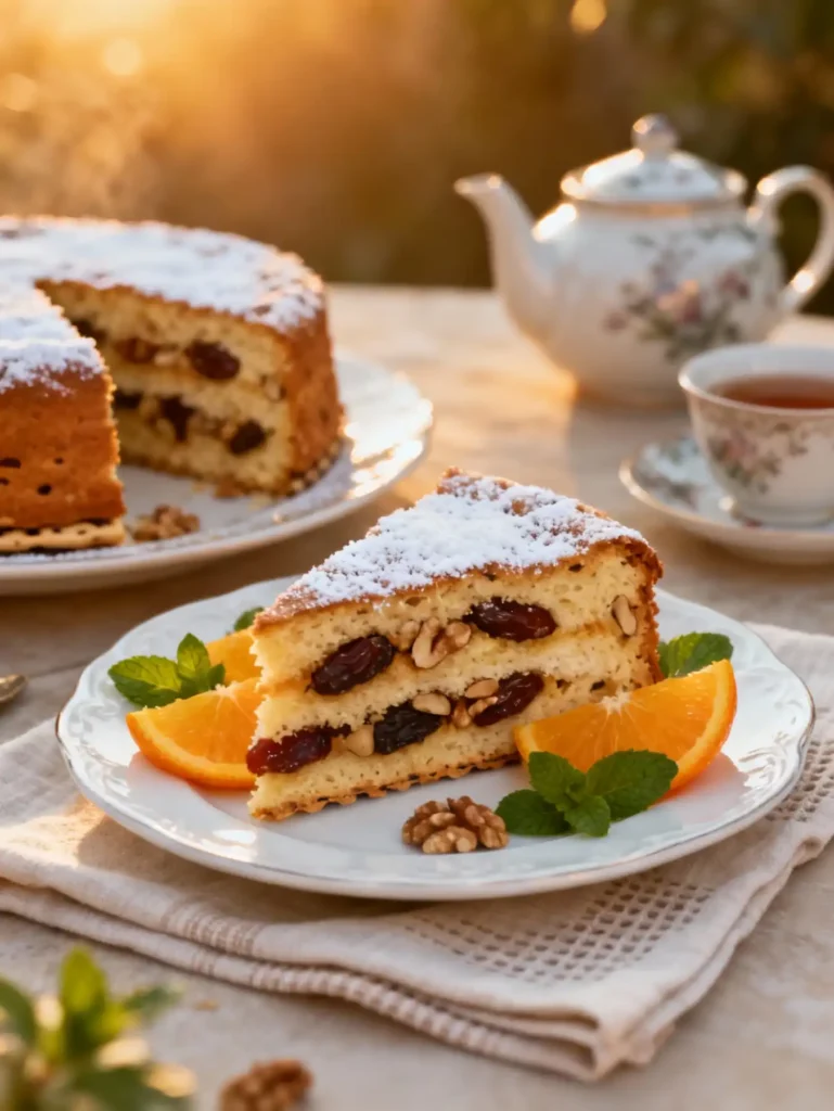 Slices of Orange-Date-Walnut Passover Cake on dessert plates