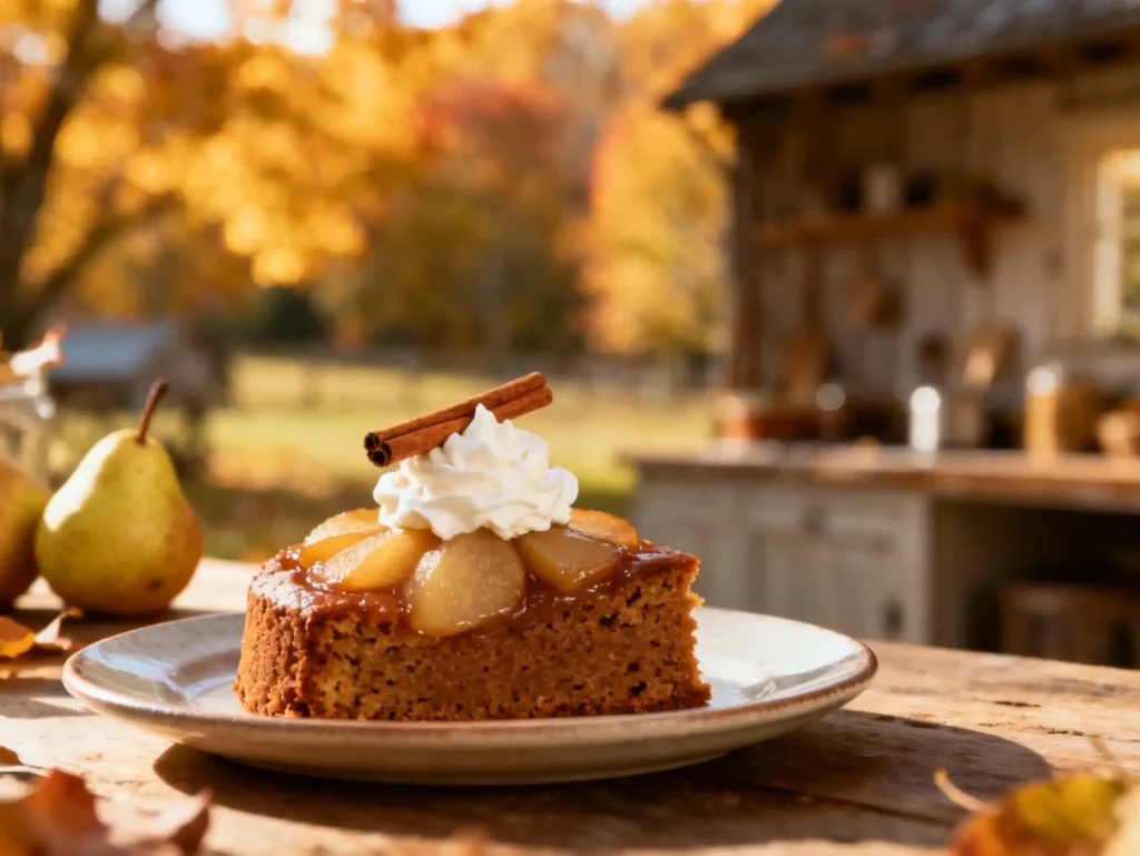 Slice of upside-down pear gingerbread cake with cream