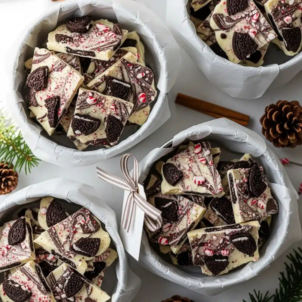 peppermint oreo white chocolate bark shards packed in tins with parchment
