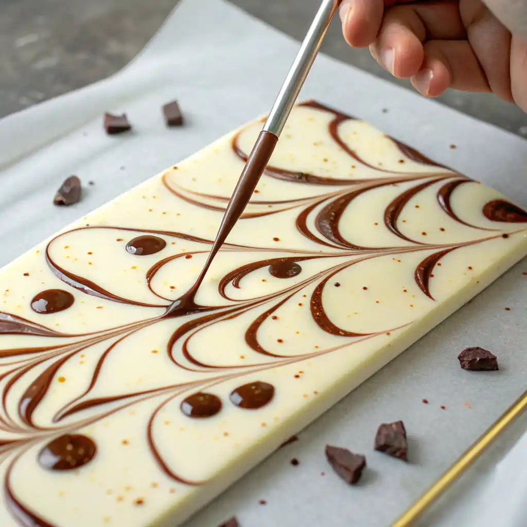 swirling dark chocolate pools into a white chocolate base for peppermint oreo bark