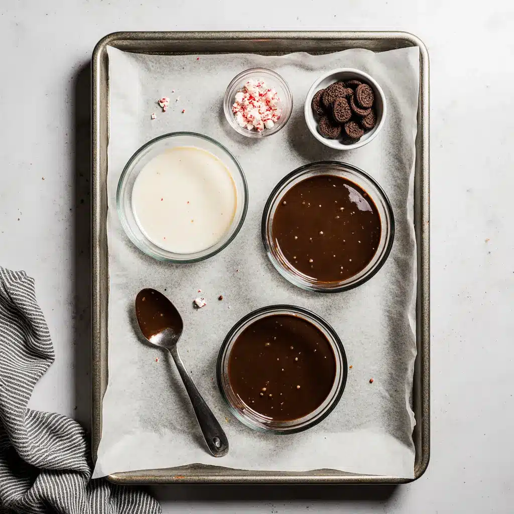 lined sheet pan and bowls of melted white and dark wafers for peppermint oreo white chocolate bark