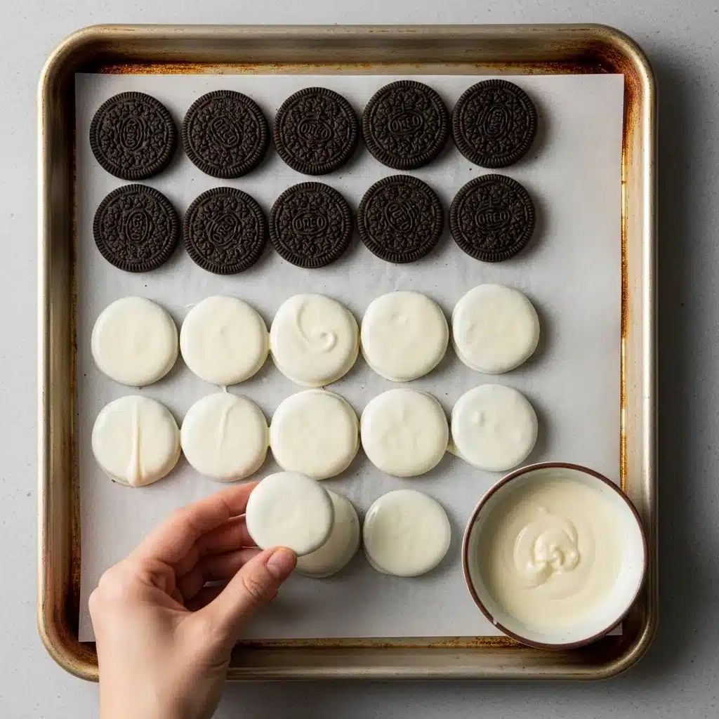 dipping oreo thins in white chocolate and tiling them on parchment