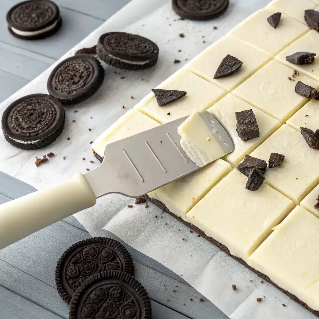 offset spatula spreading thin white chocolate over tiled oreos