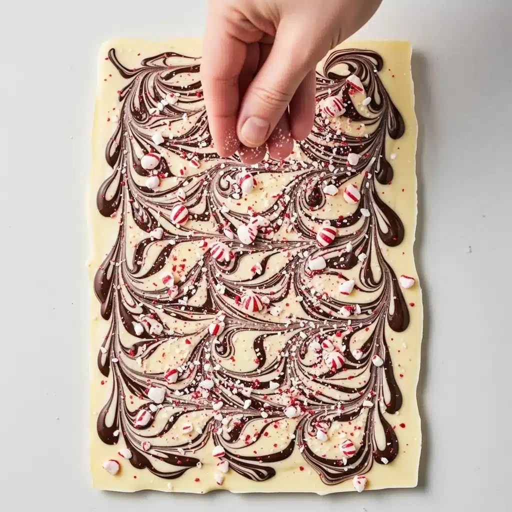 sprinkling crushed peppermint over glossy marbled bark