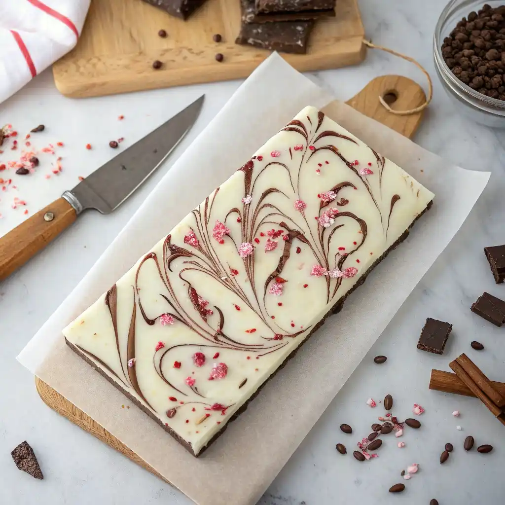 scoring glossy peppermint oreo white chocolate bark with a warm knife