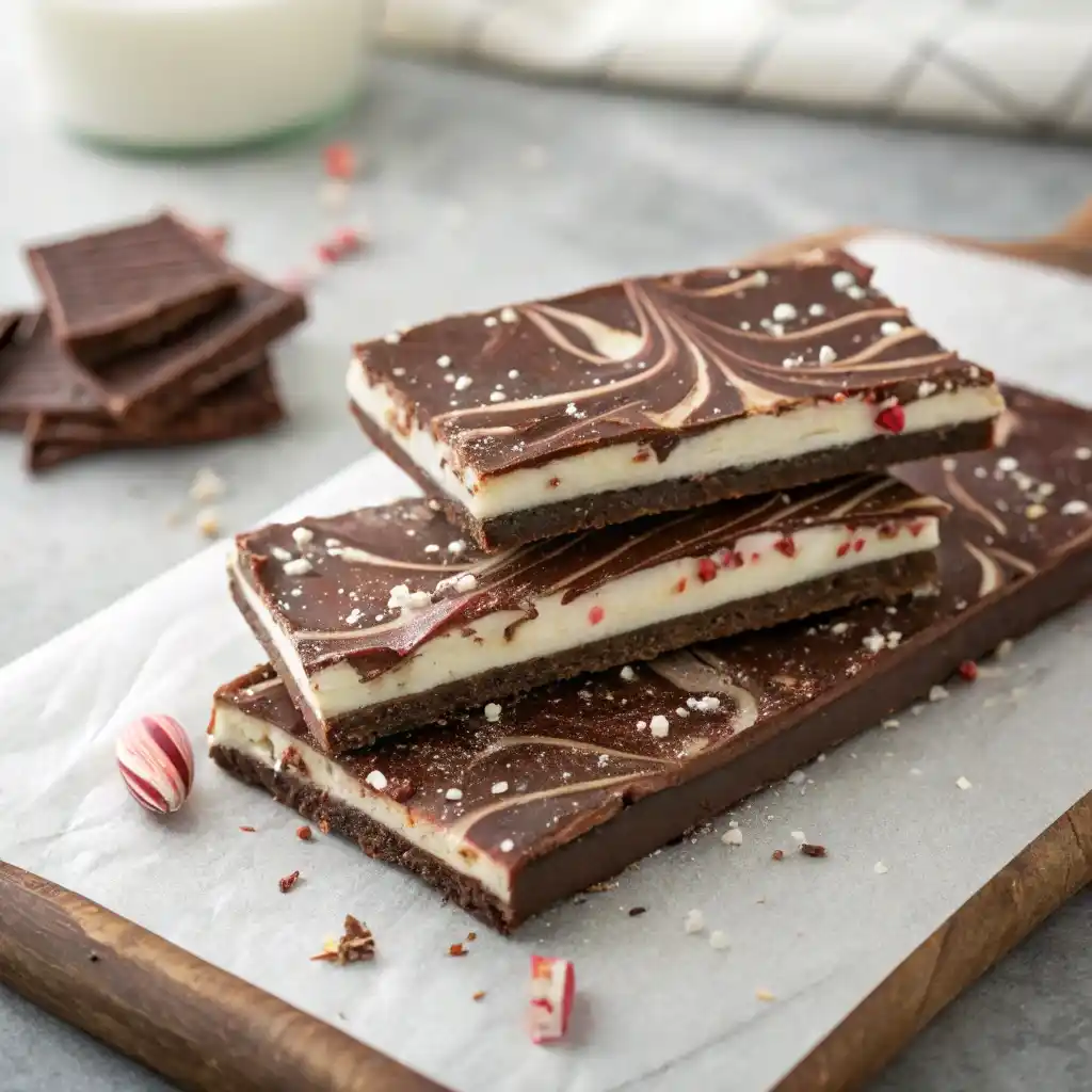 triple chocolate peppermint bark with thin milk base white layer and dark swirl