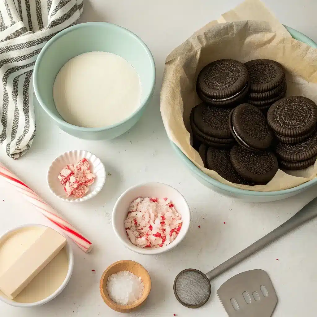 ingredients for peppermint oreo white chocolate bark including Oreo Thins white and dark melting wafers and peppermint bits