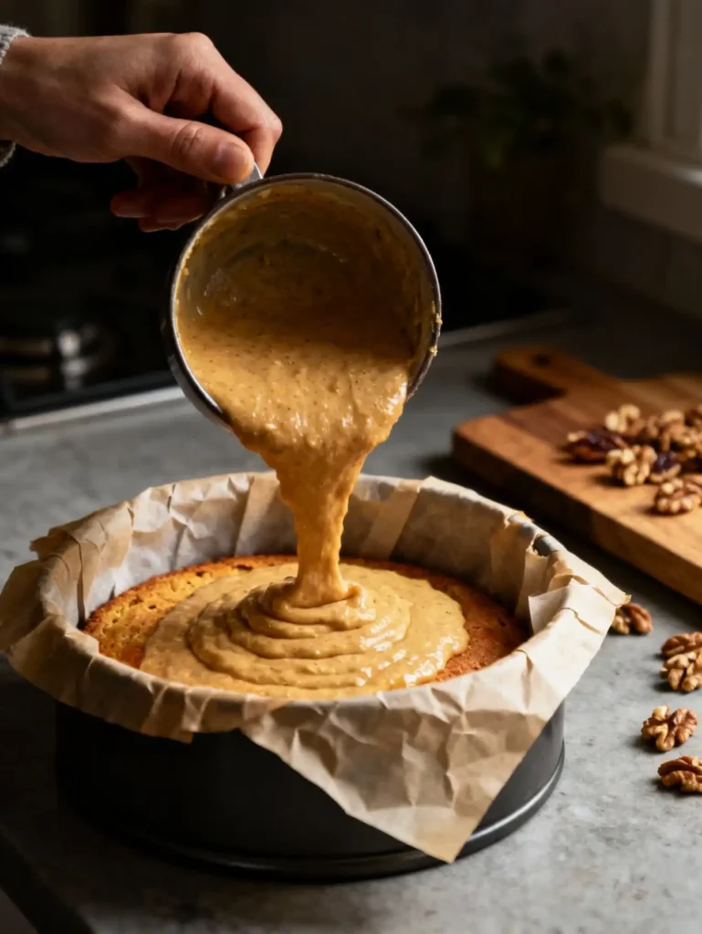 Pouring Orange-Date-Walnut Cake batter into the pan