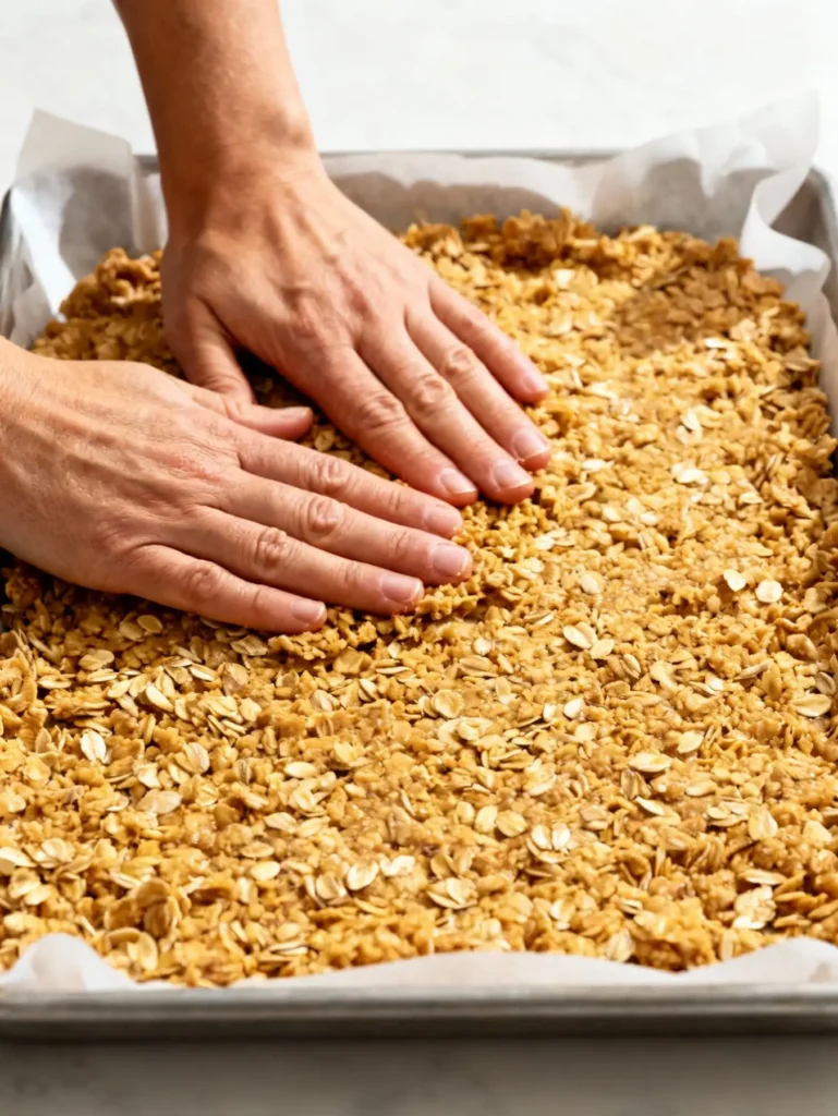 Hands pressing crumb mixture into a baking pan for Grandma’s Apple Crumb Bars