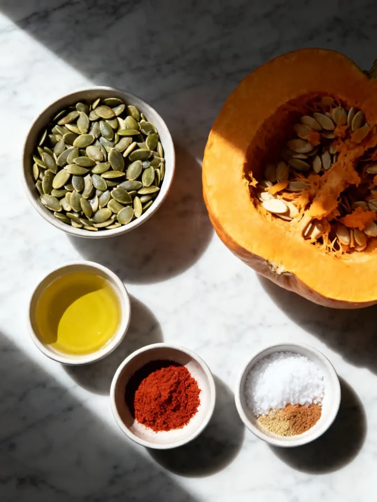 Raw pumpkin seeds and spices prepared for roasting