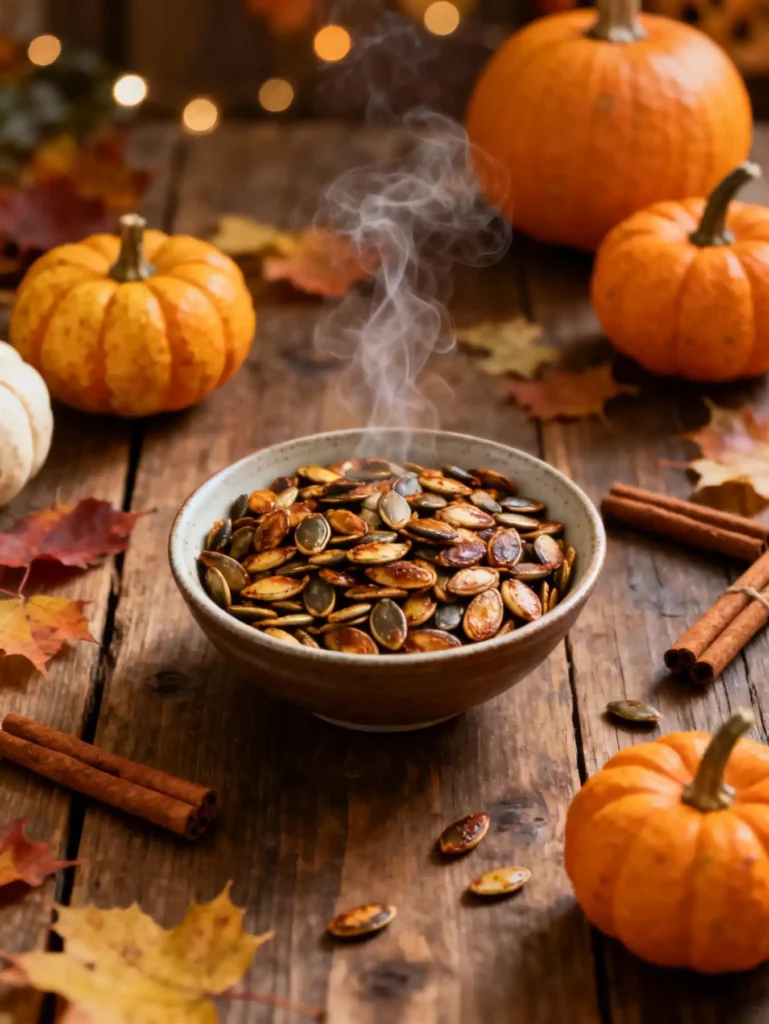 Roasted pumpkin seeds Halloween snack on rustic table