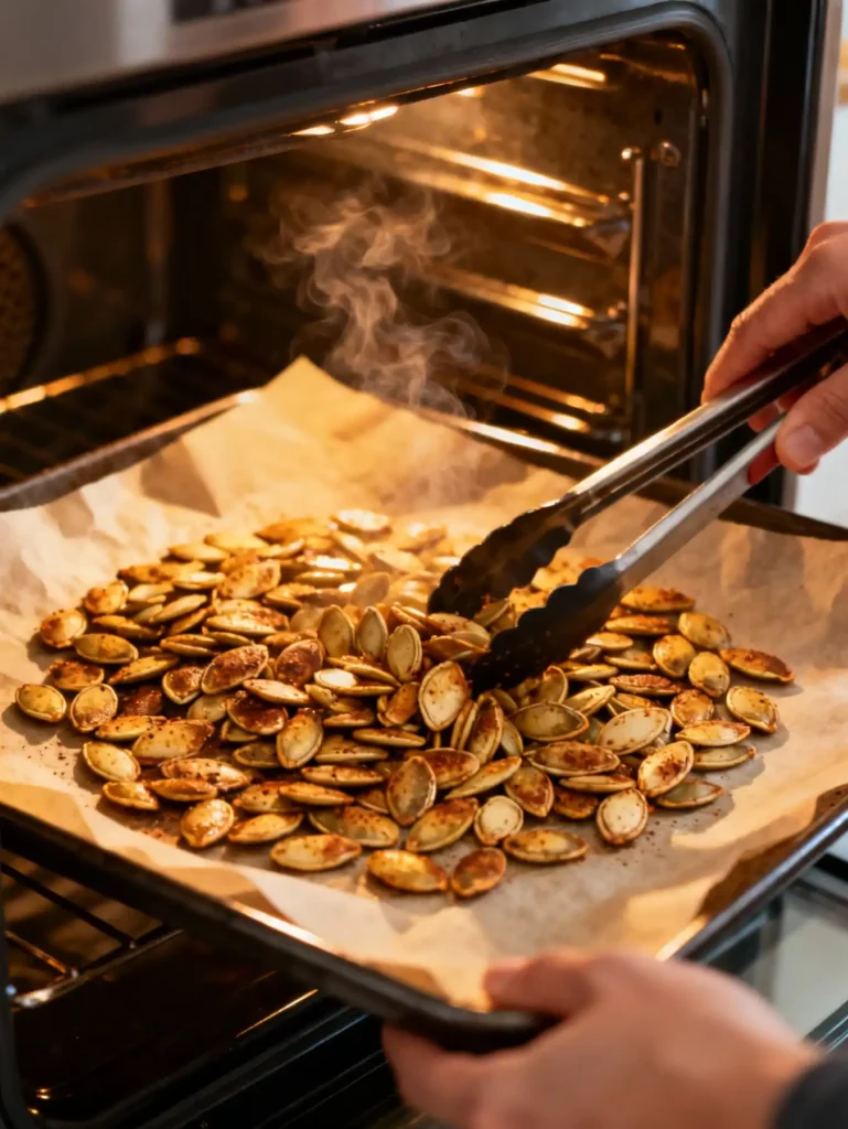 Pumpkin seeds roasting in oven with seasoning