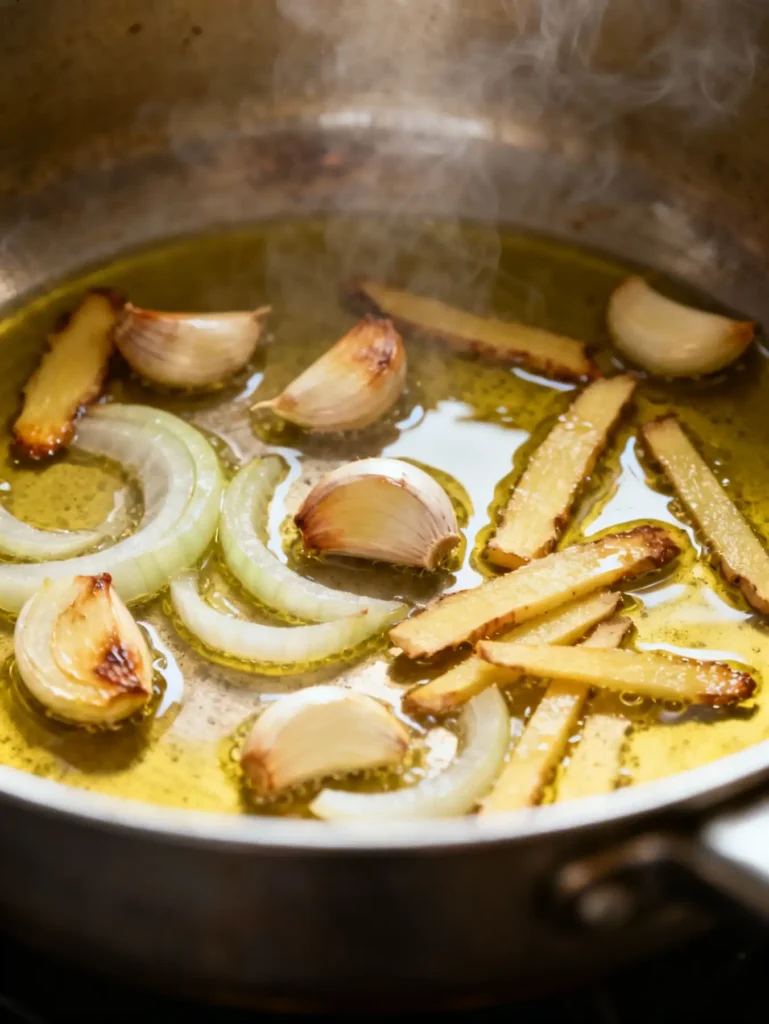 Garlic, onion, and ginger cooking in a pot for detox soup