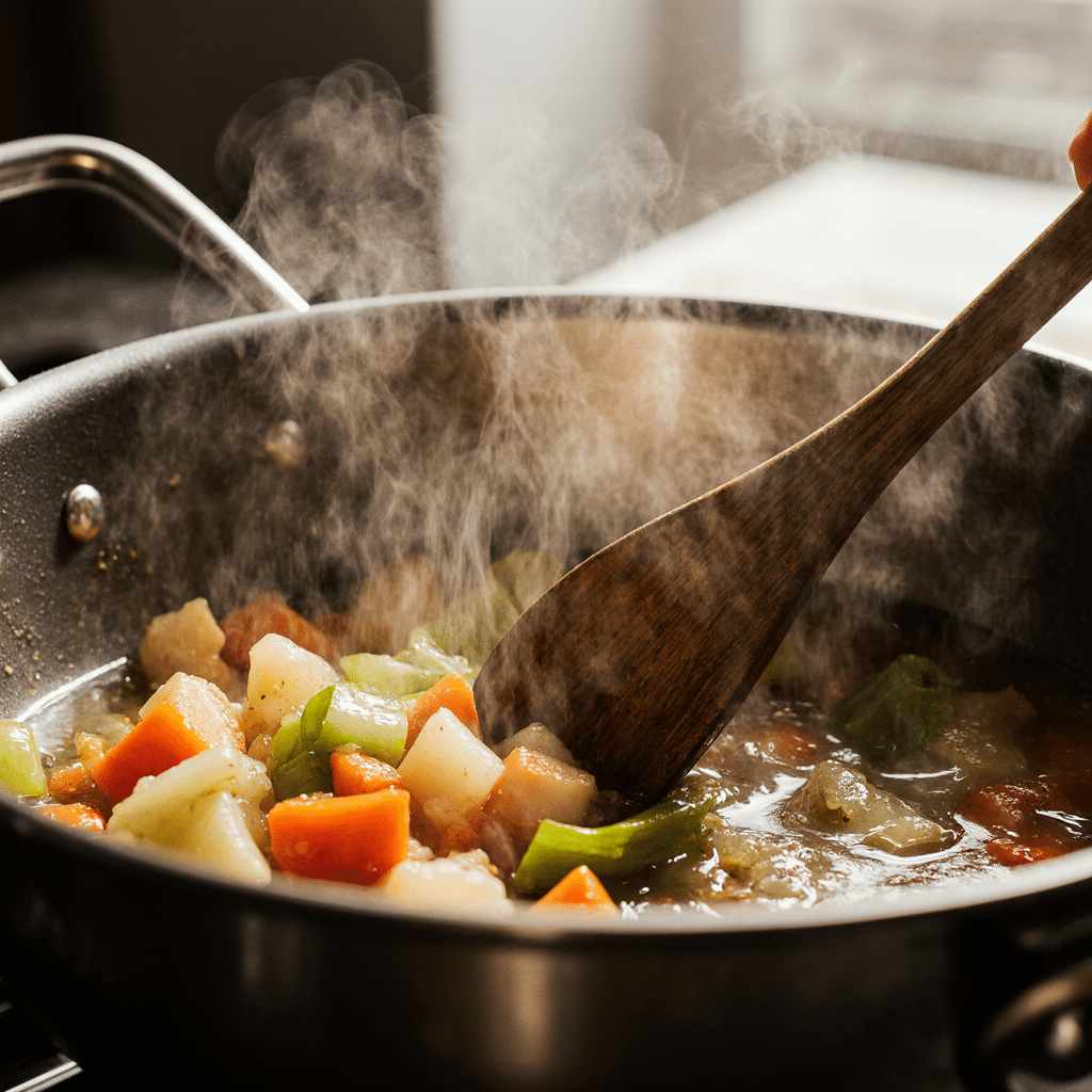 Diced carrots, celery, and onion sautéing in olive oil in pot