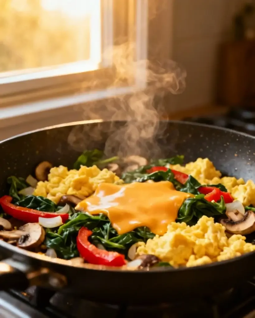 scrambled eggs with veggies and cheese in skillet