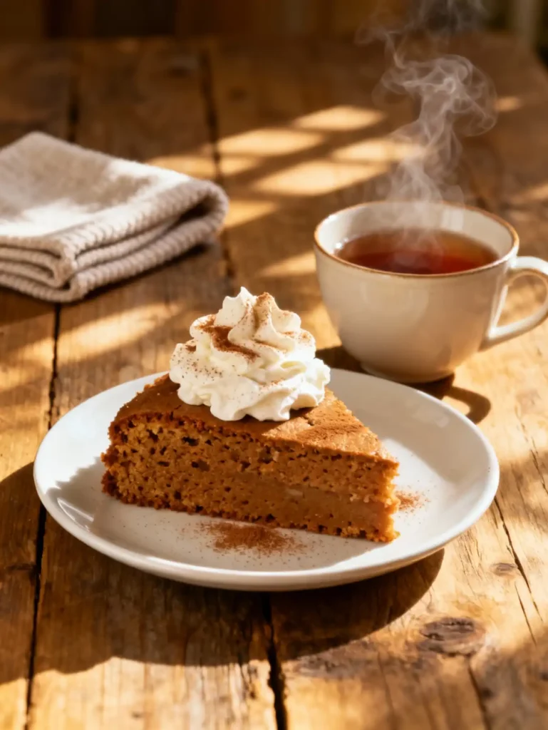 Served Gingerbread Cake Slice with Whipped Cream