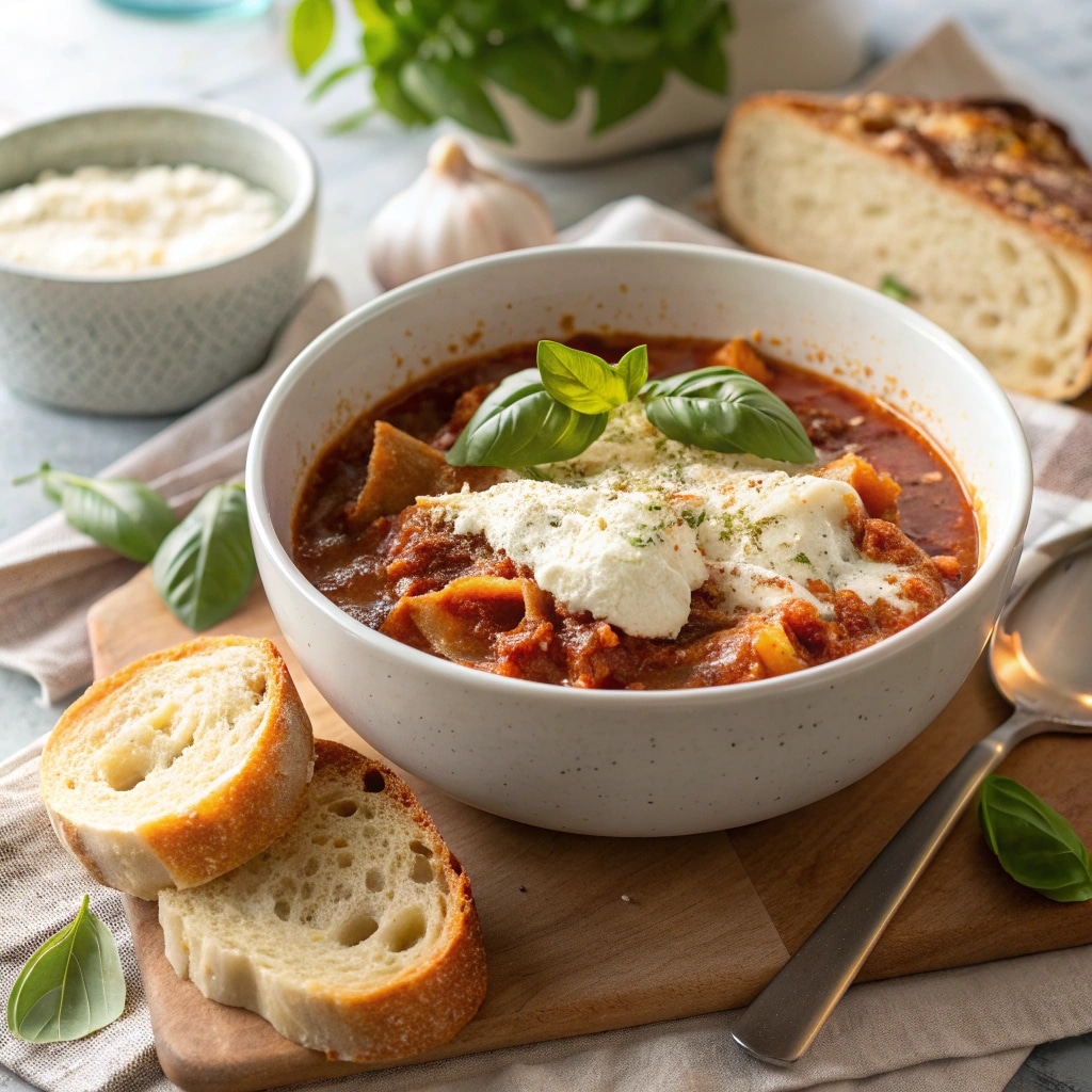 Served bowl of crockpot lasagna soup with heavy cream and marinara sauce