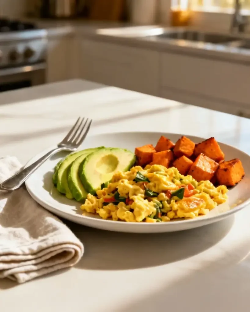 served healthy veggie egg scramble with sides
