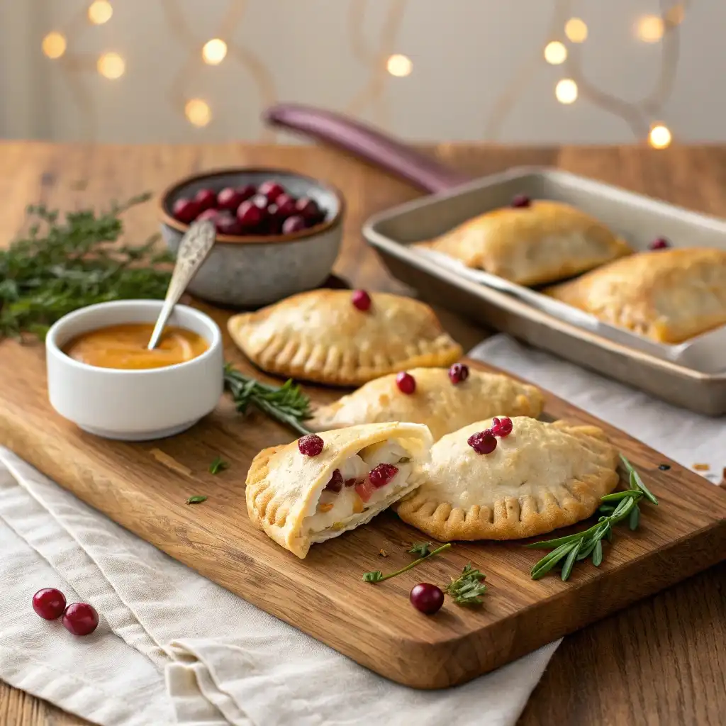 serving board with leftover turkey hand pies, gravy, and cranberry mustard
