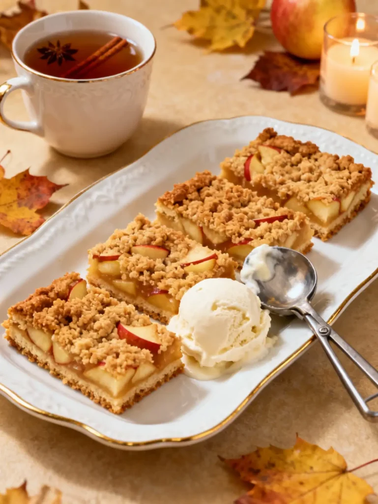 Sliced Grandma’s Apple Crumb Bars served with ice cream on a plate