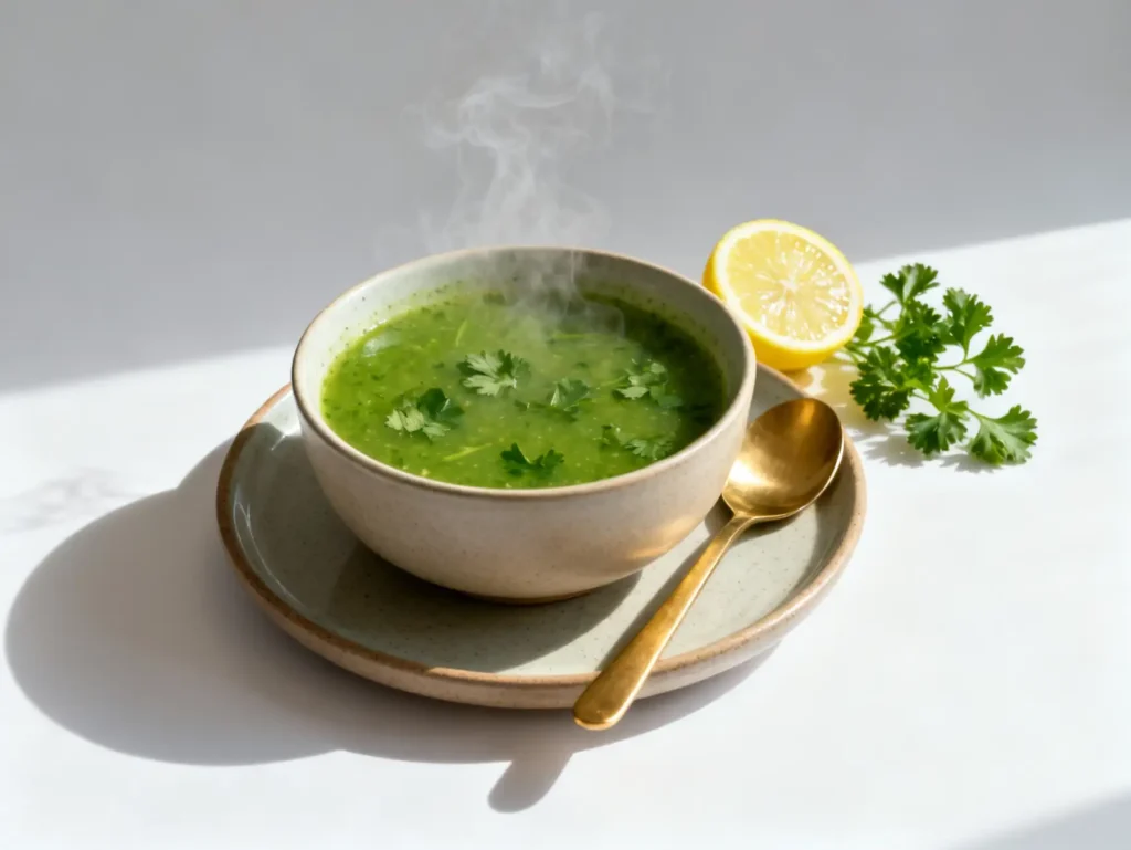 Served bowl of green detox soup with lemon and herbs