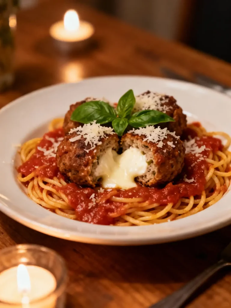 Mozzarella stuffed meatballs served over spaghetti