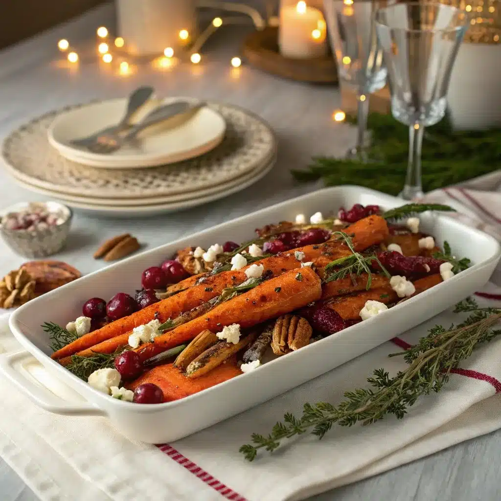 serving platter of hot honey roasted carrots with cranberries and toppings