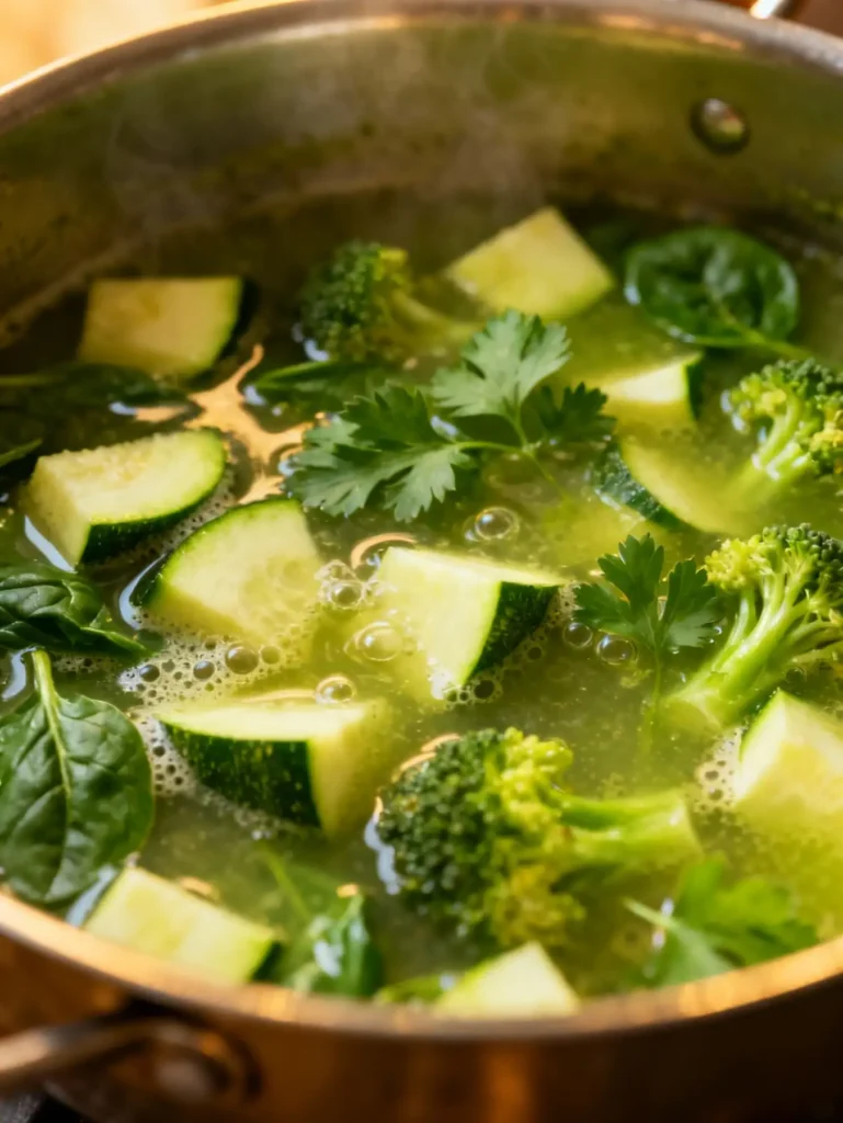 Green detox soup simmering in a pot with vegetables