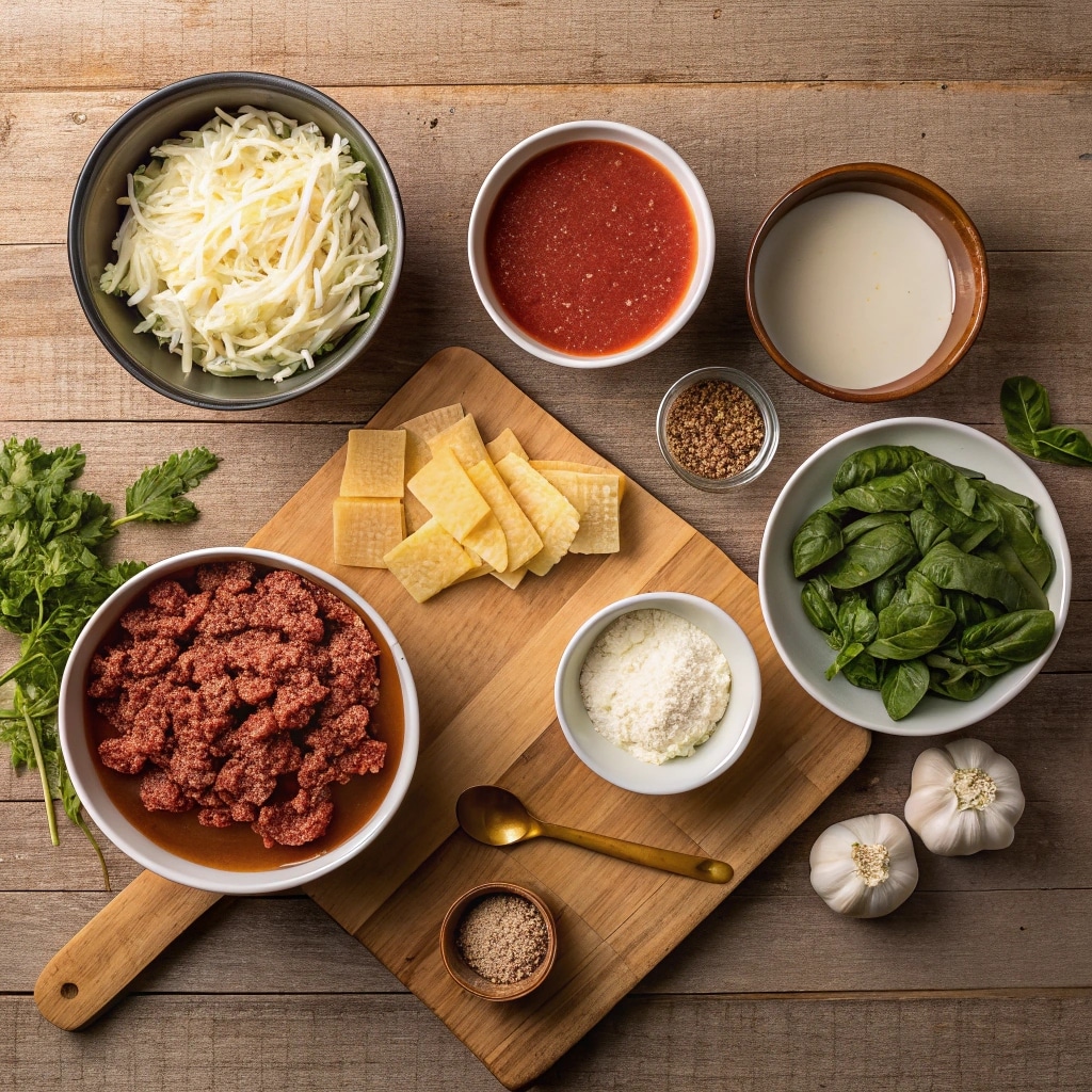 Ingredients to make crockpot lasagna soup with marinara sauce and ricotta