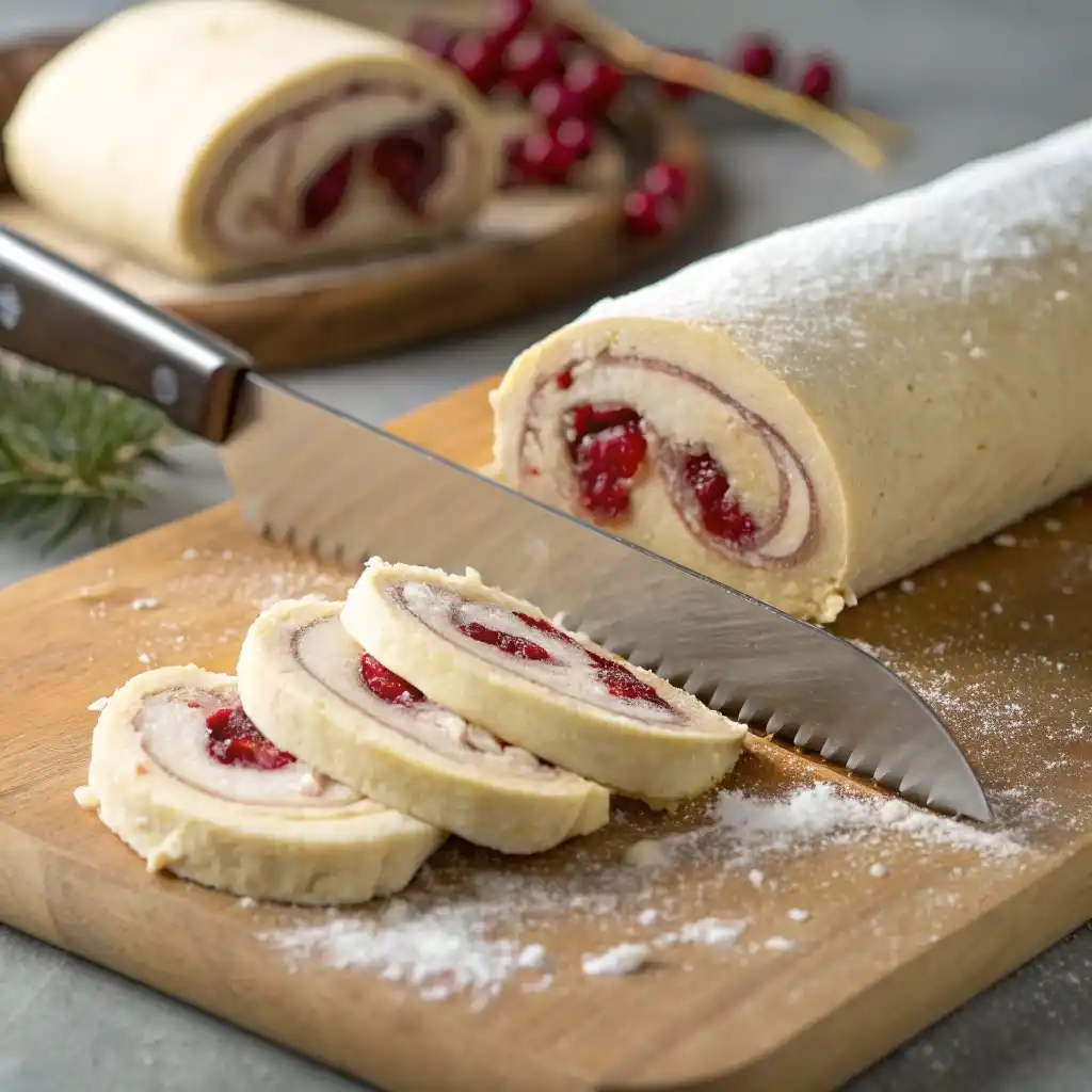 Knife slicing dough log into turkey cranberry pinwheel rounds