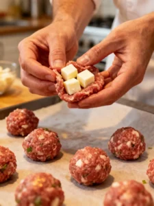 Stuffing meatballs with mozzarella cheese