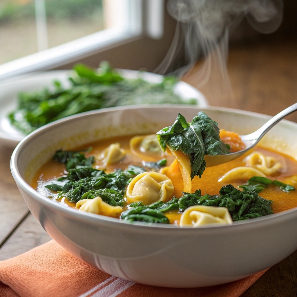 Butternut Squash and Sausage Tortellini Soup with cheese tortellini and baby kale stirred in
