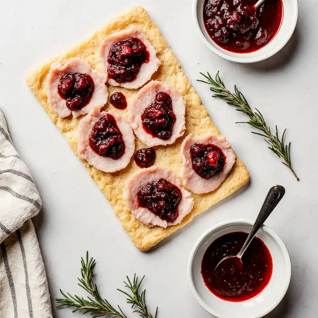Sliced turkey and cranberry sauce layered on crescent dough for turkey pinwheel appetizer