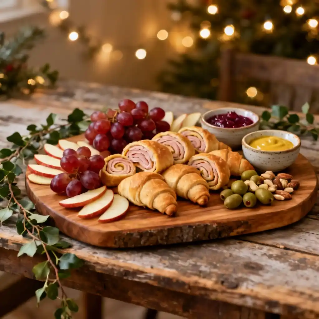 Festive appetizer board with turkey crescent roll pinwheels, fruits, dips, and herbs
