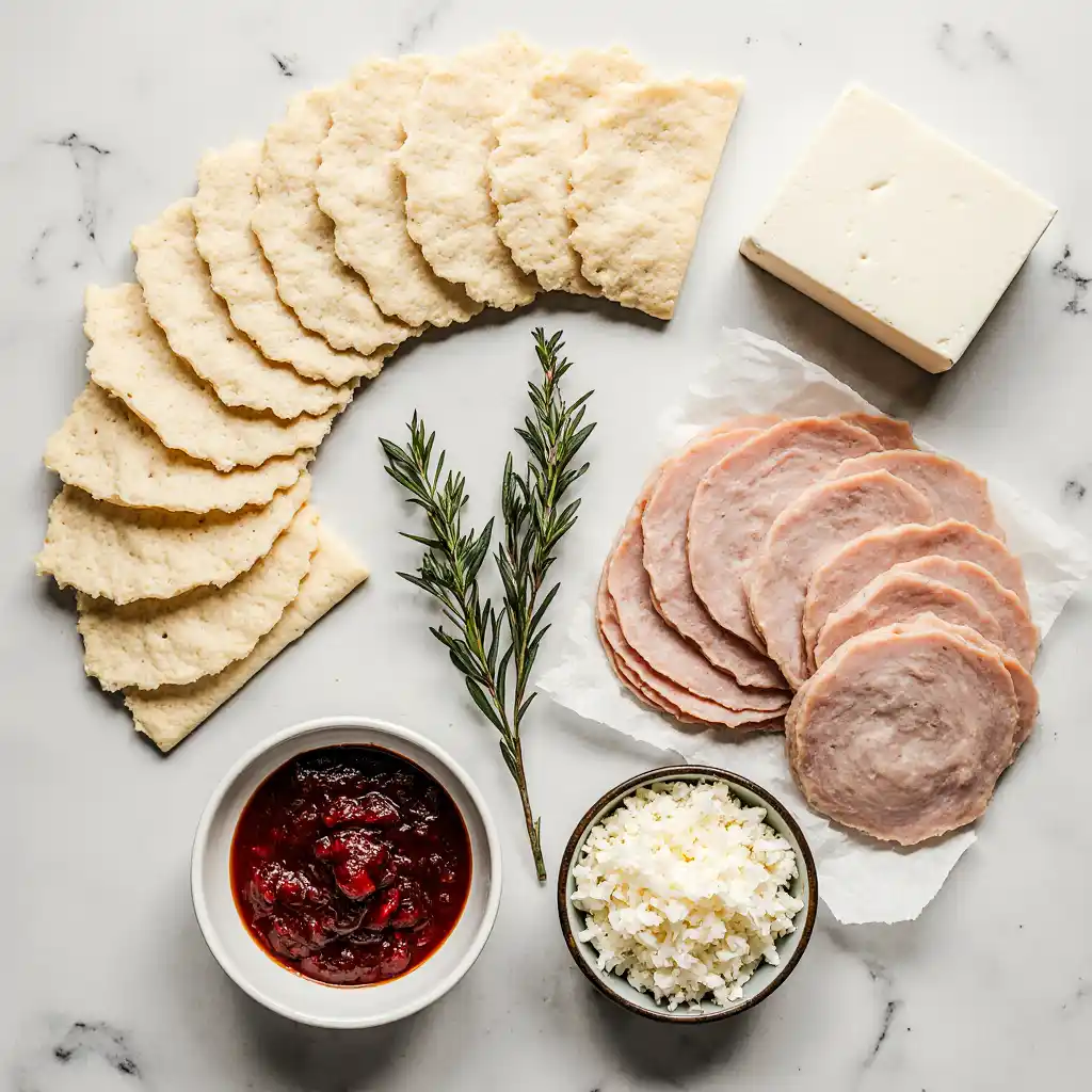 Crescent dough, turkey, cream cheese, cranberry sauce, and herbs for turkey pinwheel recipe