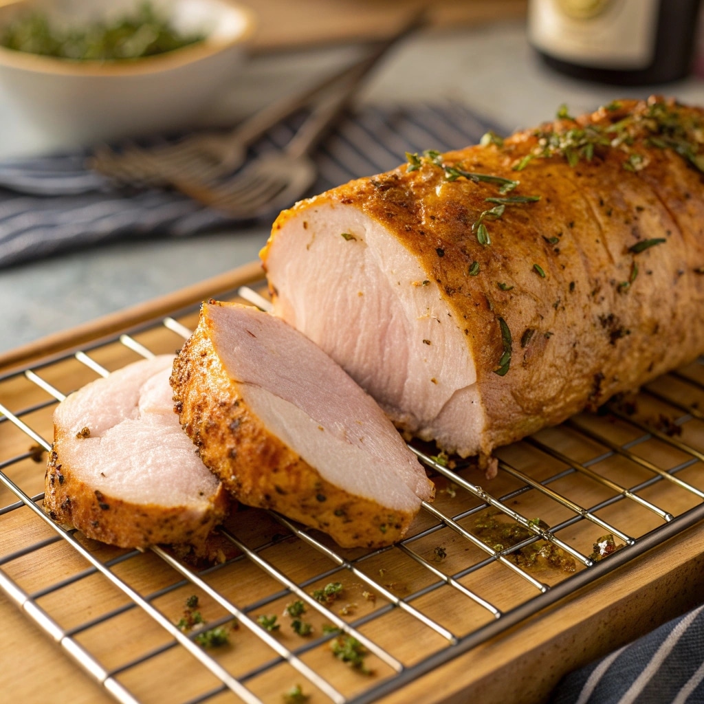 checking turkey tenderloin with herb butter for 160 degrees