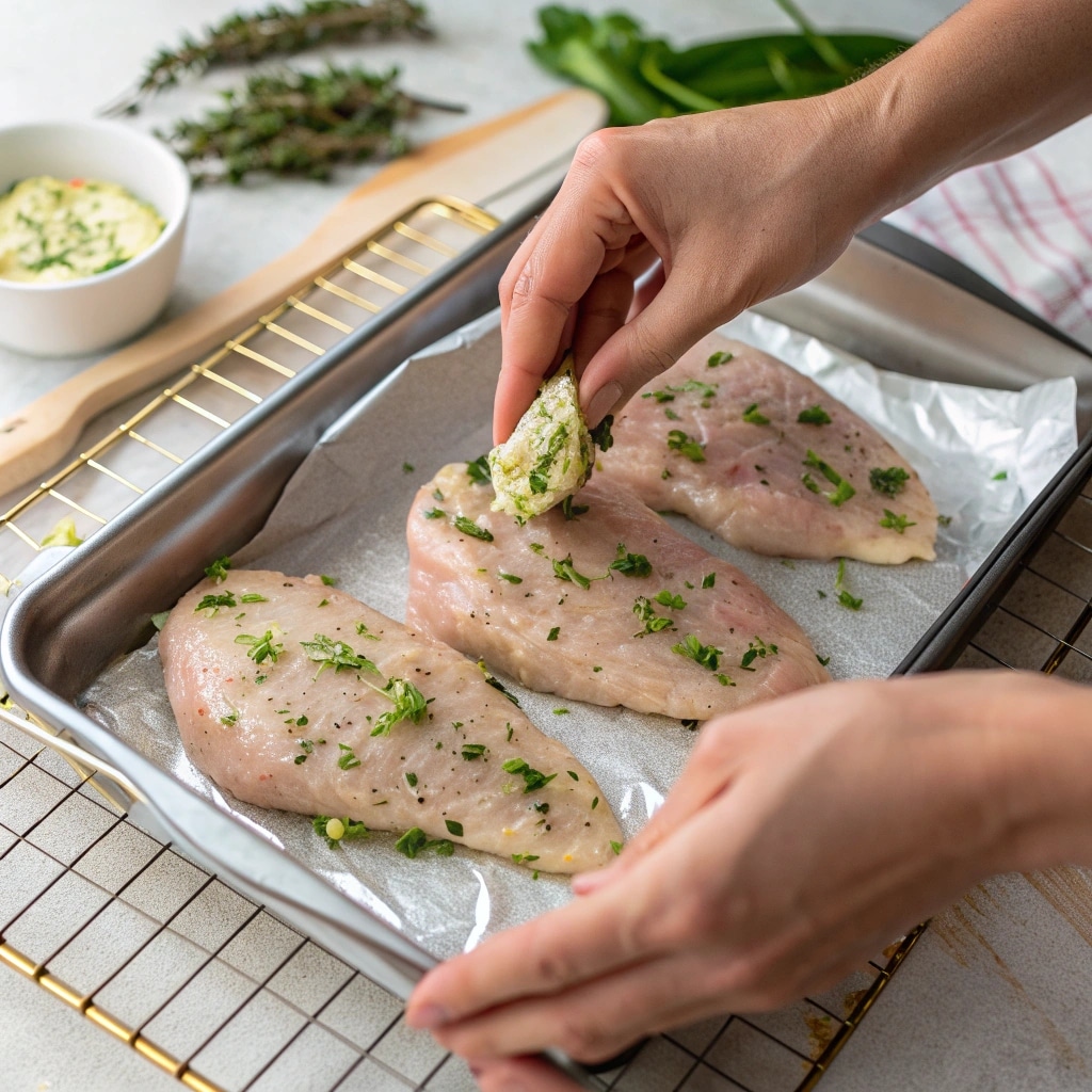 coating turkey tenderloin with herb butter on a rack