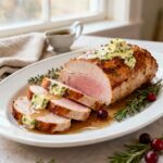 turkey tenderloin with herb butter sliced on a festive holiday platter