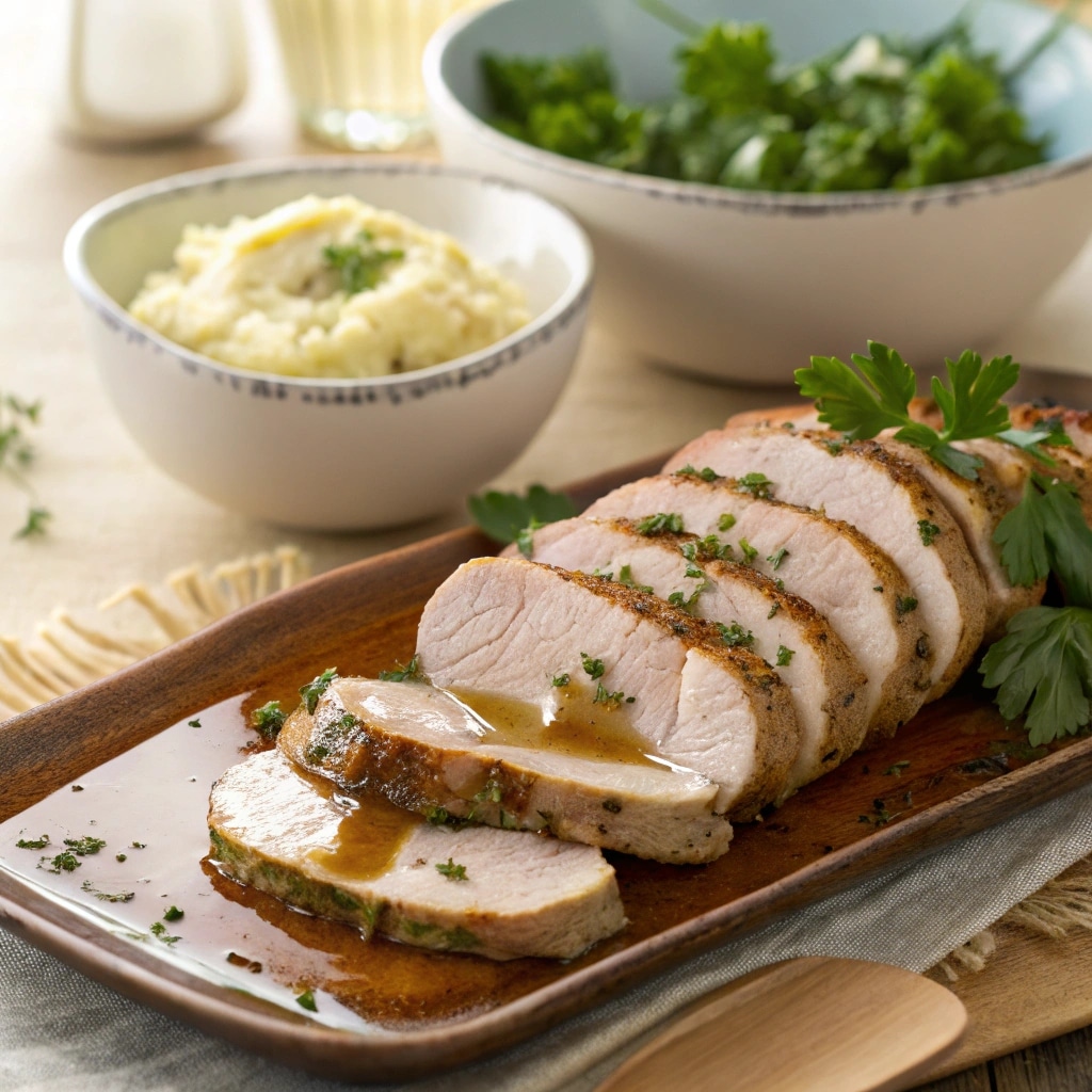 sliced turkey tenderloin with herb butter on a serving platter