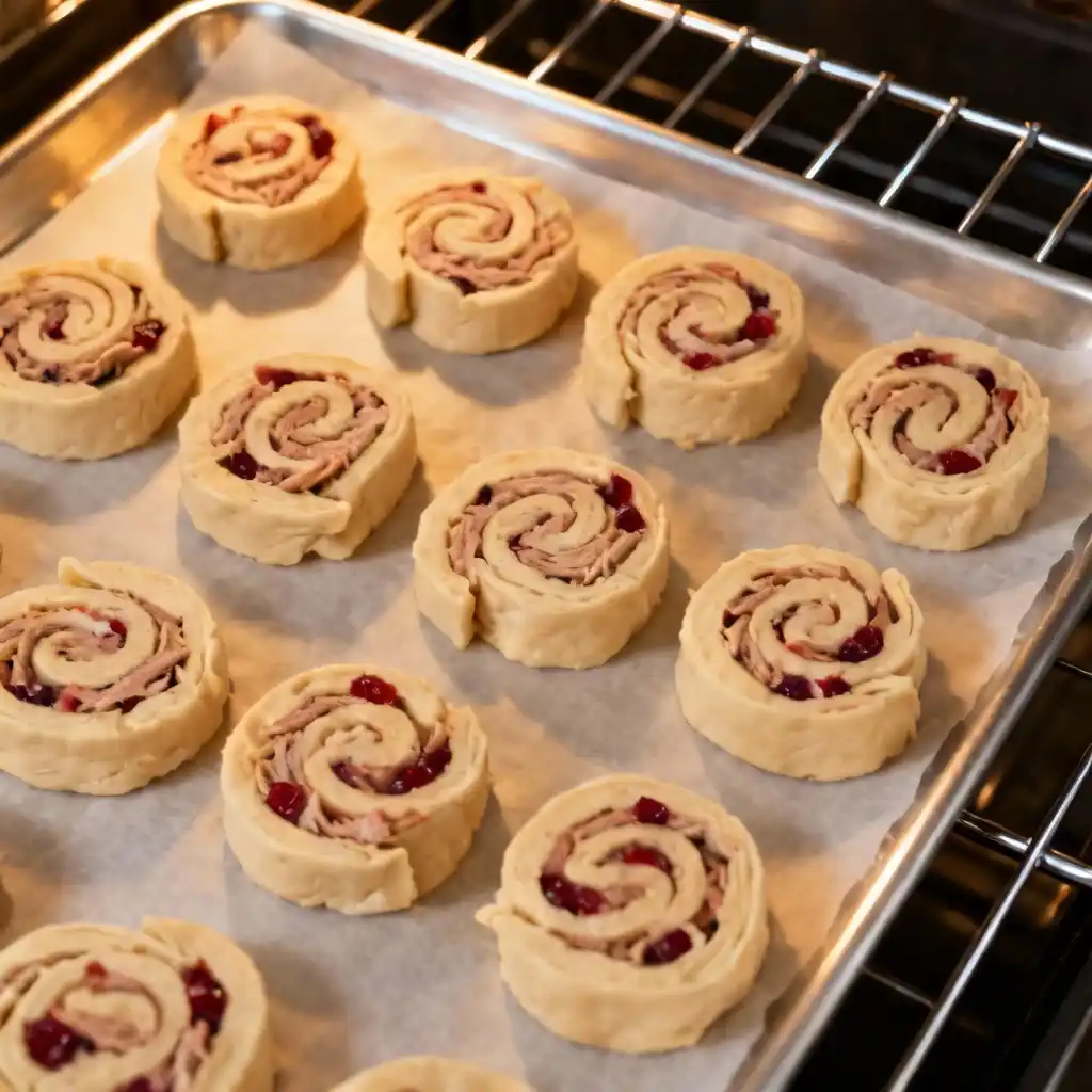 Unbaked turkey crescent roll pinwheels on parchment baking tray
